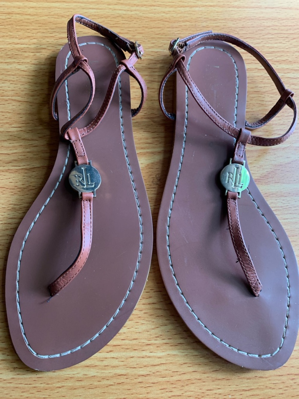 Ralph Lauren Brown Leather T-Strap Sandals with RL Medallion